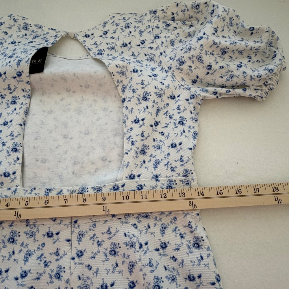 NWT Forever 21 Mini Dress Blue White Floral Puff Sleeve Open Back Cottagecore M - Picture 10 of 13